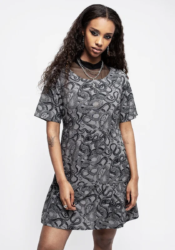 Ophidia Snakes Print Mini Smock Dress - Grey