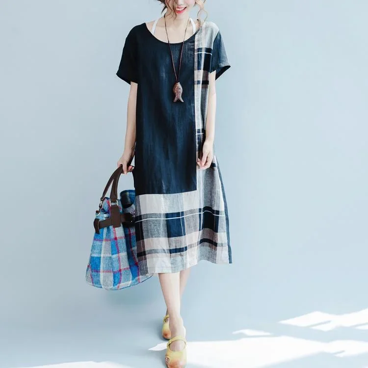 original black linen summer dress patchwork maxi dress short sleeve stylish sundress