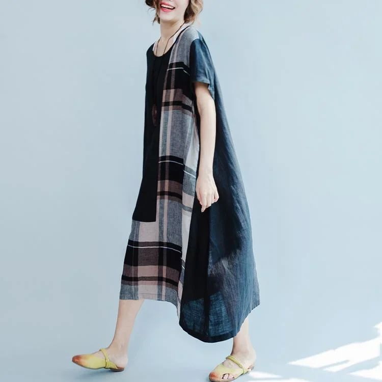 original-black-linen-summer-dress-patchwork-maxi-dress-short-sleeve-stylish-sundress