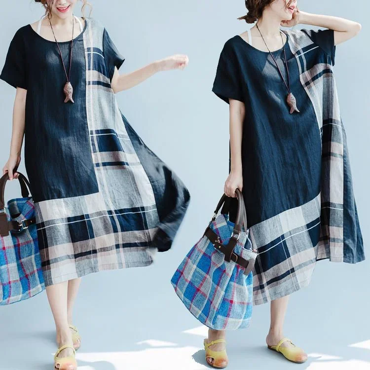 original-black-linen-summer-dress-patchwork-maxi-dress-short-sleeve-stylish-sundress