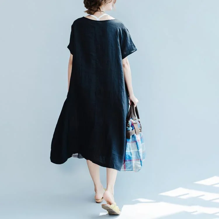 original-black-linen-summer-dress-patchwork-maxi-dress-short-sleeve-stylish-sundress