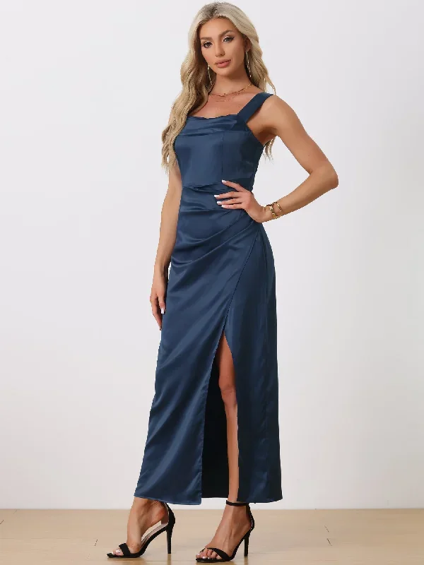 Ruched Front Wedding Guest Wide Straps Party Slit Maxi Satin Dress