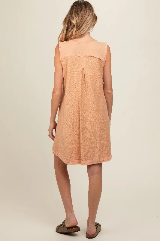 peach-double-pocket-frayed-trim-maternity-dress