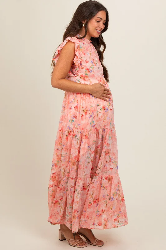 peach-floral-chiffon-ruffle-shoulder-tiered-maternity-maxi-dress