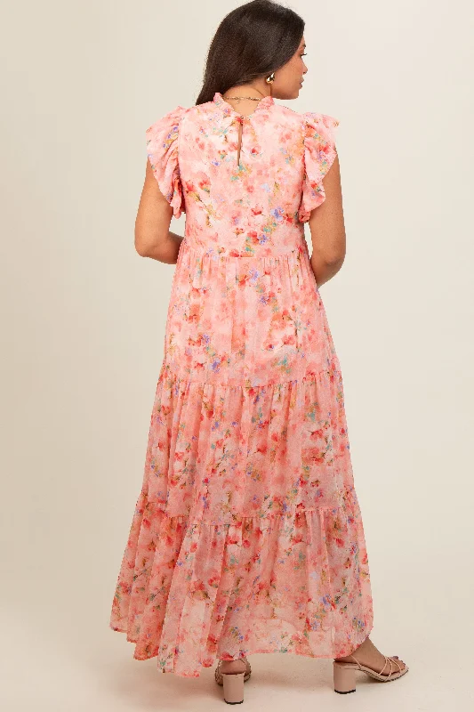 peach-floral-chiffon-ruffle-shoulder-tiered-maternity-maxi-dress