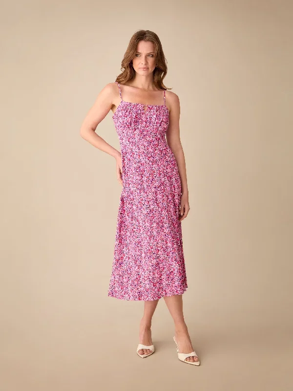 Petite Pink Ditsy Print Keyhole Front Midi Dress