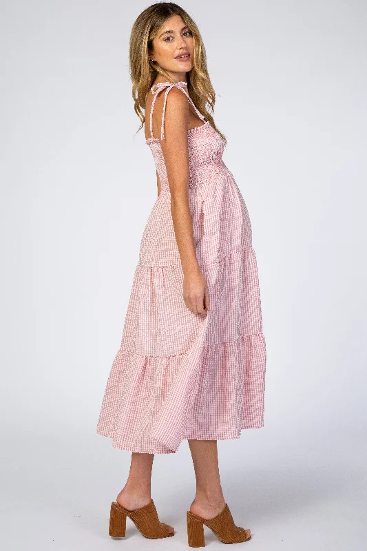 pink-checkered-tiered-maternity-midi-dress