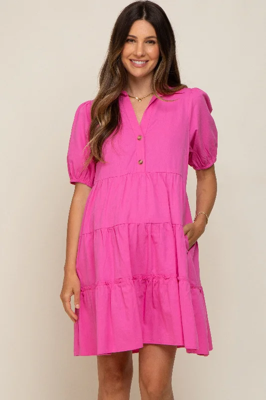 Pink Collared Tiered Maternity Dress