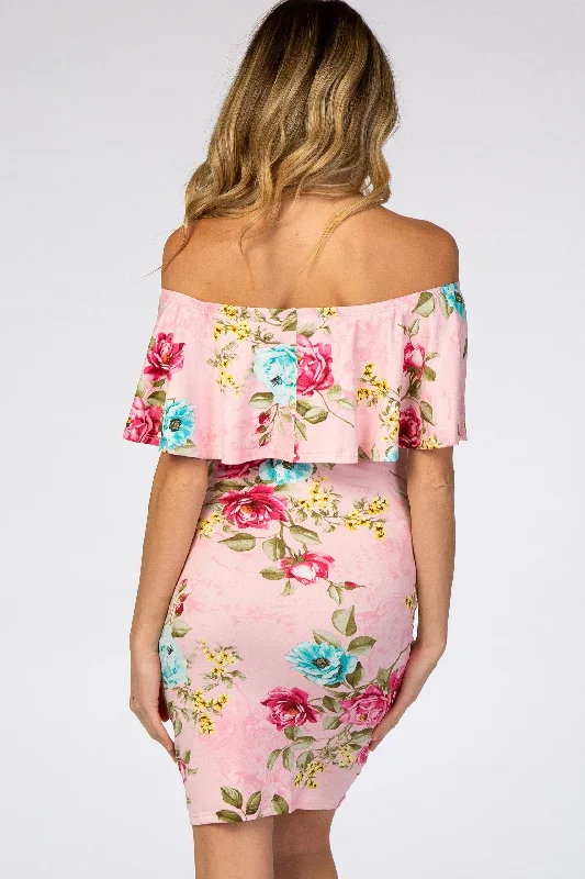 pink-floral-off-shoulder-fitted-maternity-dress