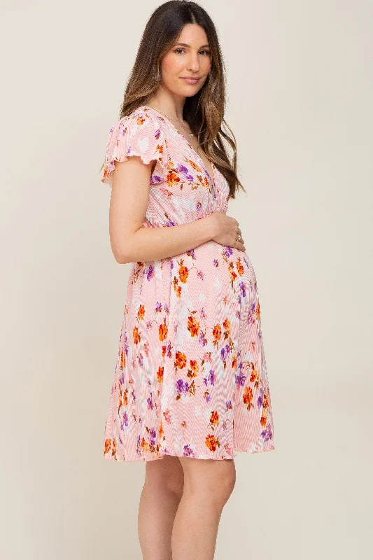 pink-floral-pleated-v-neck-short-sleeve-maternity-dress