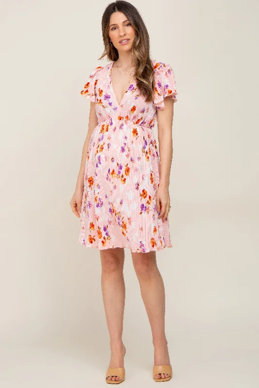 pink-floral-pleated-v-neck-short-sleeve-maternity-dress