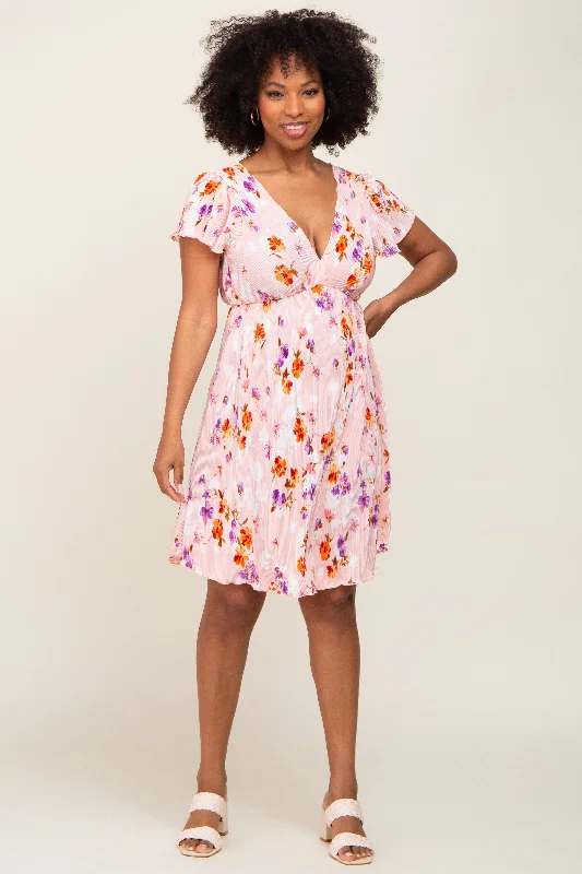 pink-floral-pleated-v-neck-short-sleeve-maternity-dress