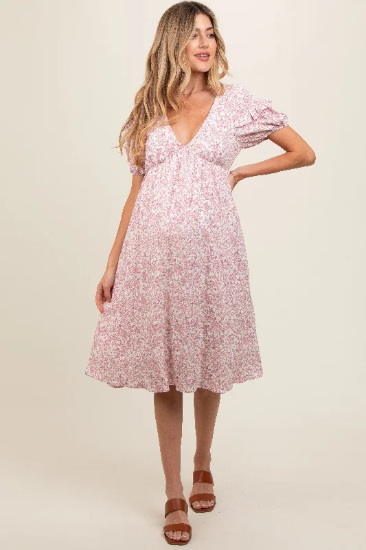 Pink Floral Tie Back Maternity Midi Dress