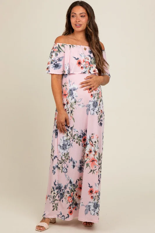 pink-off-shoulder-floral-ruffle-maternity-maxi-dress