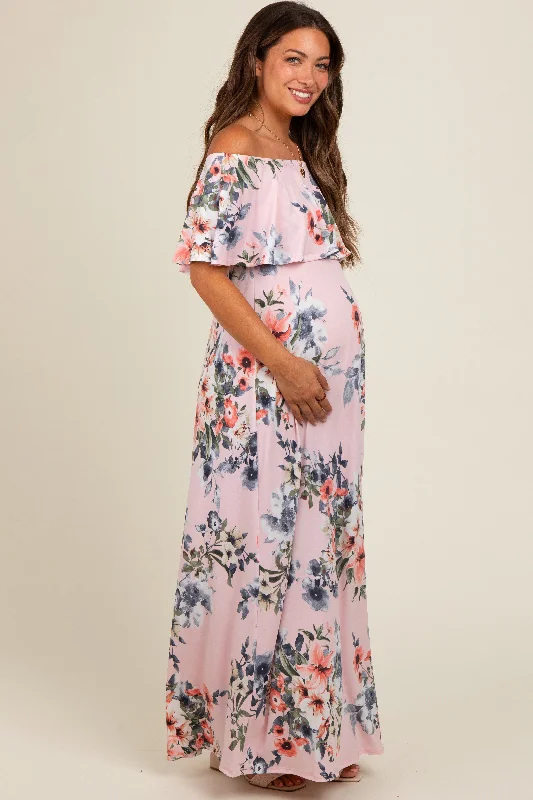 pink-off-shoulder-floral-ruffle-maternity-maxi-dress