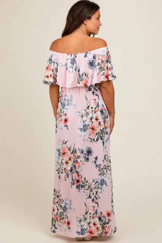 pink-off-shoulder-floral-ruffle-maternity-maxi-dress