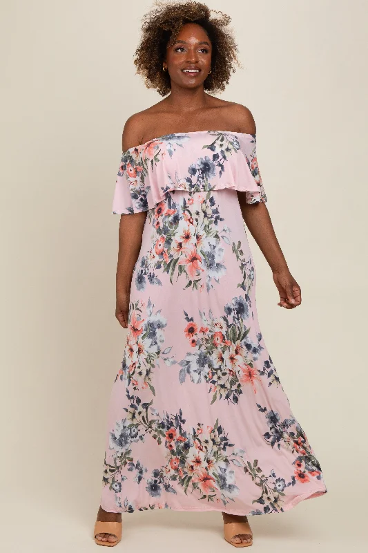 pink-off-shoulder-floral-ruffle-maternity-maxi-dress