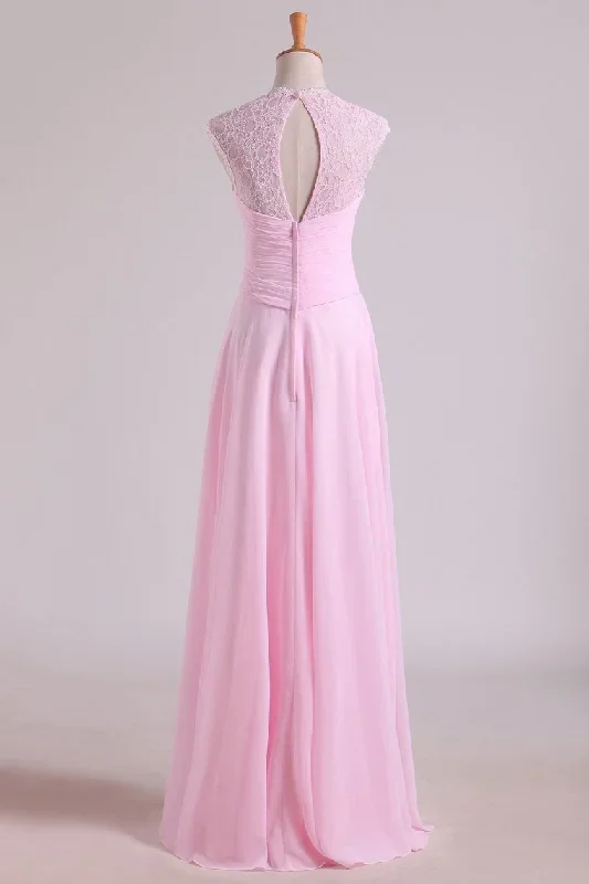 pink-pleated-high-waist-long-bridesmaid-dress