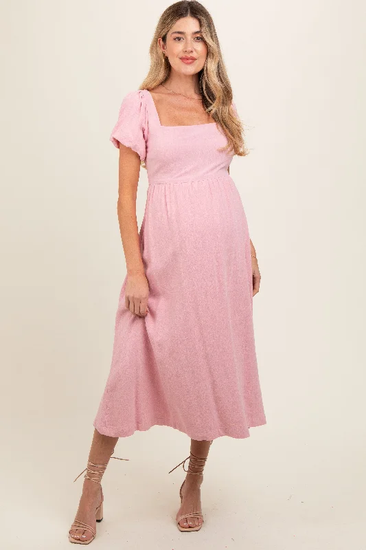 Pink Puff Sleeve Linen Maternity Midi Dress