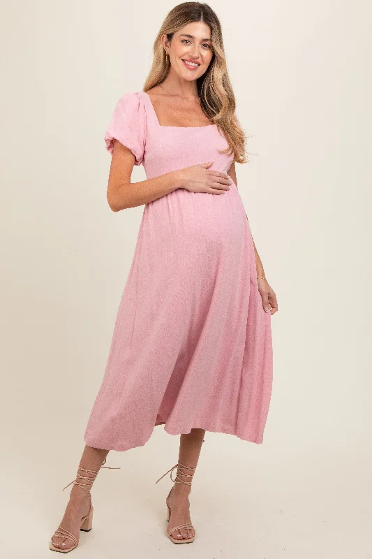 pink-puff-sleeve-linen-maternity-midi-dress