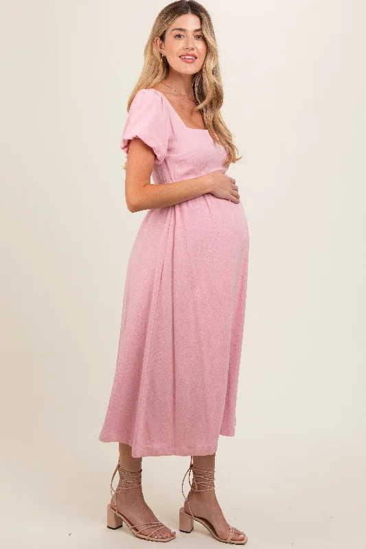 pink-puff-sleeve-linen-maternity-midi-dress