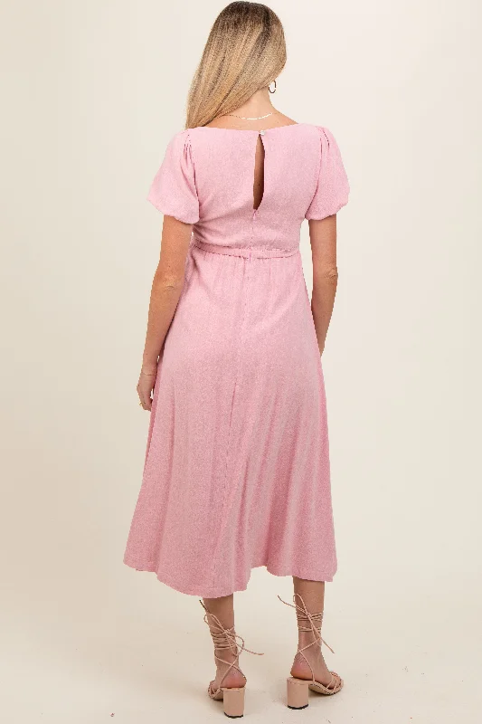 pink-puff-sleeve-linen-maternity-midi-dress