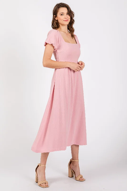 pink-puff-sleeve-linen-maternity-midi-dress