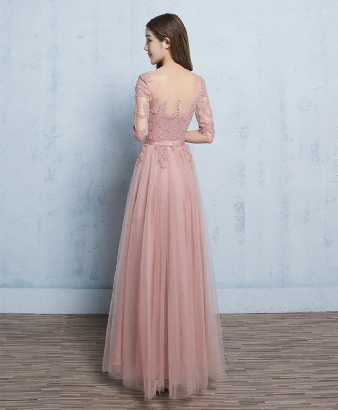 pink-round-neck-tulle-lace-long-prom-dress-pink-bridesmaid-dress