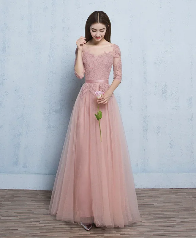 pink-round-neck-tulle-lace-long-prom-dress-pink-bridesmaid-dress