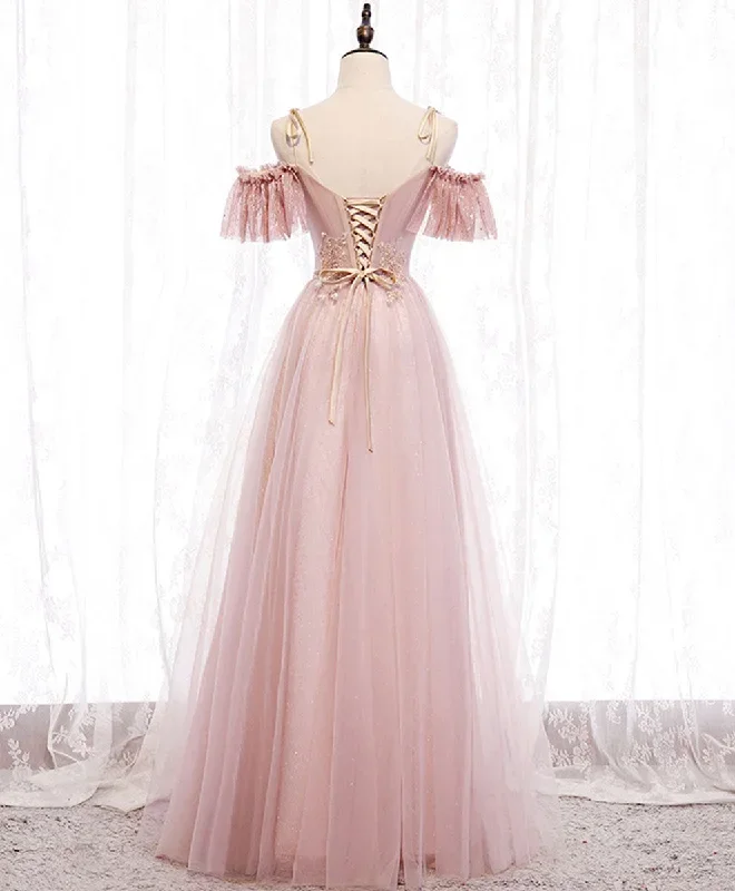 pink-v-neck-tulle-lace-long-prom-dress-pink-bridesmaid-dress-1