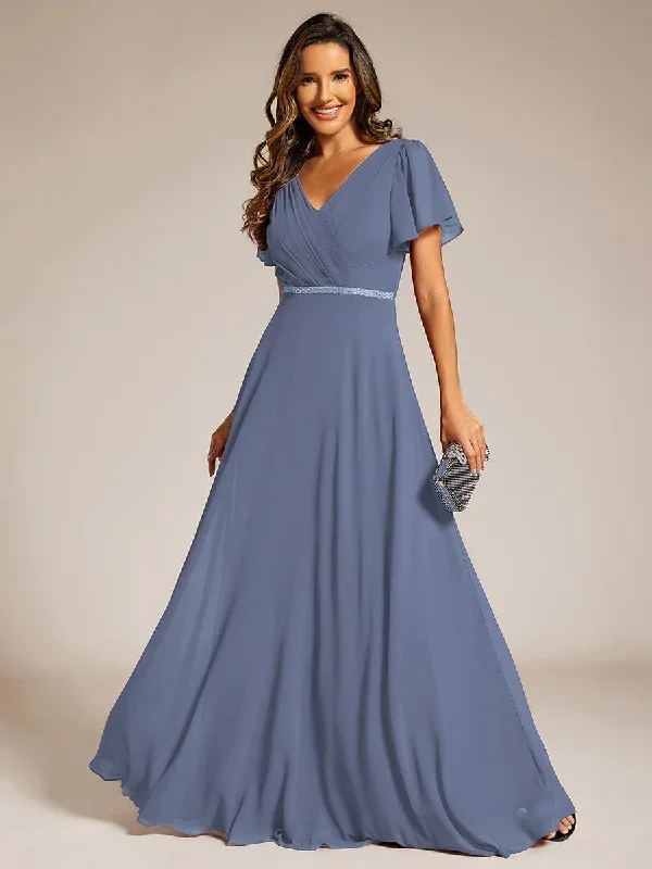 Pleated A-Line Chiffon Formal Evening Dress with Short Sleeves and Sequin Waist