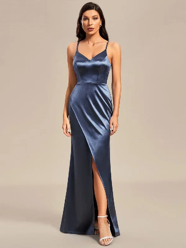 pleated-front-slit-spaghetti-straps-high-stretch-bodycon-satin-bridesmaid-dress-es01836