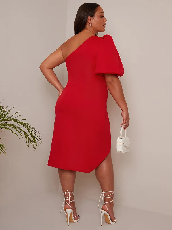 plus-size-one-shoulder-puff-sleeve-bodycon-dress-in-red