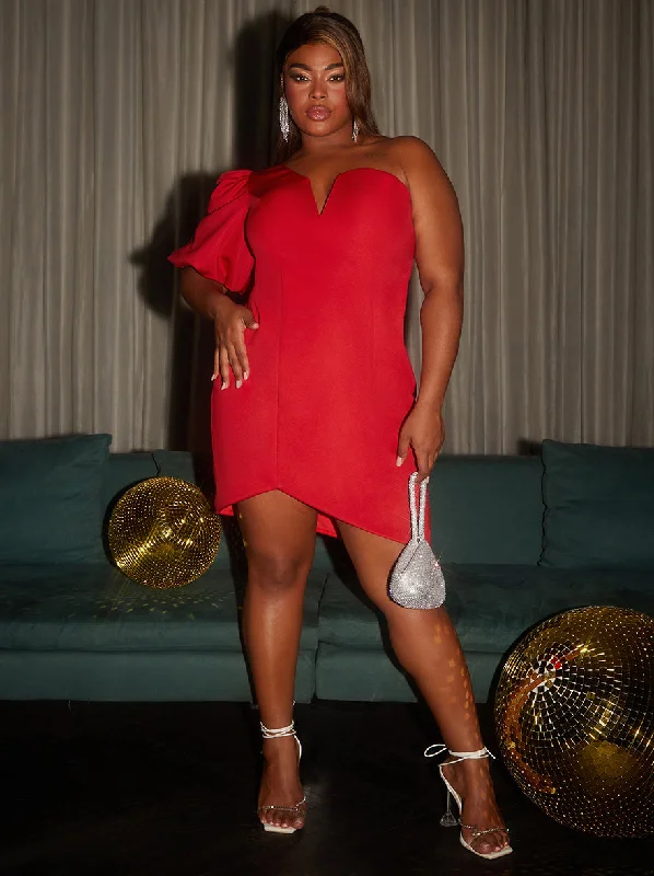 plus-size-one-shoulder-puff-sleeve-bodycon-dress-in-red