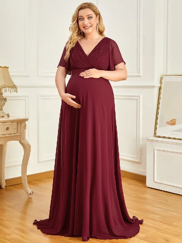 Plus Size Ruffle Sleeve Floor-Length Formal Maternity Dress