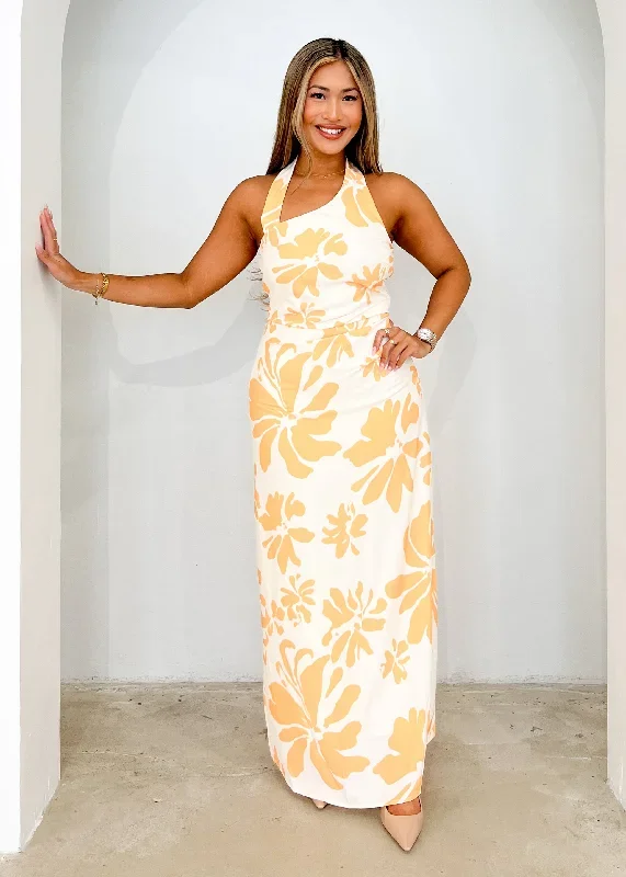 Positano Halter Maxi Dress - Lemon Floral