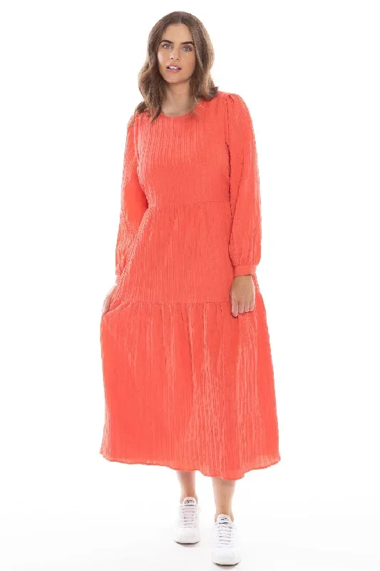 Prediction Tangerine Texture Tiered Midi LS Dress