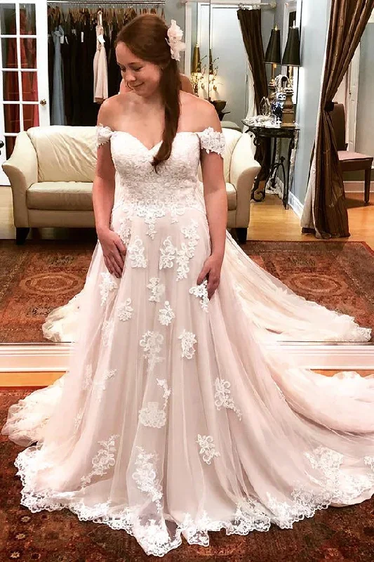 Long A-line Off Shoulder Ivory Wedding Dress with Lace