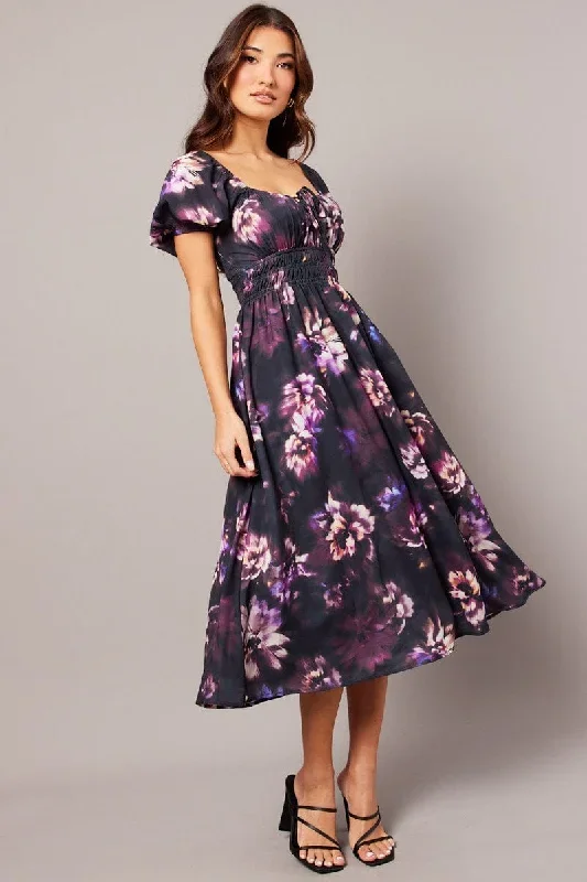 Purple Floral Midi Dress Short Sleeve Ruched Bust