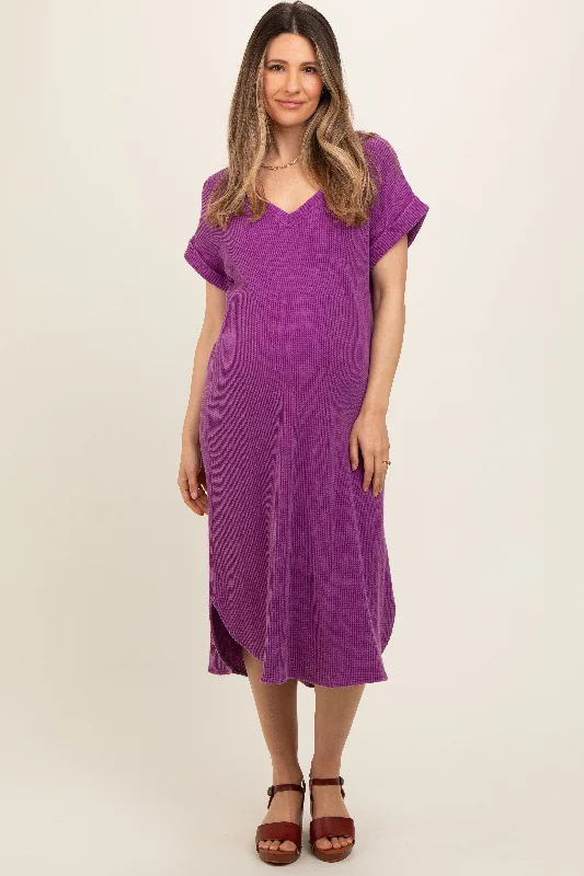 purple-waffle-knit-short-sleeve-maternity-dress