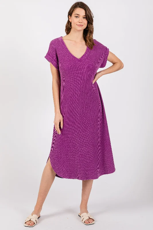 purple-waffle-knit-short-sleeve-maternity-dress