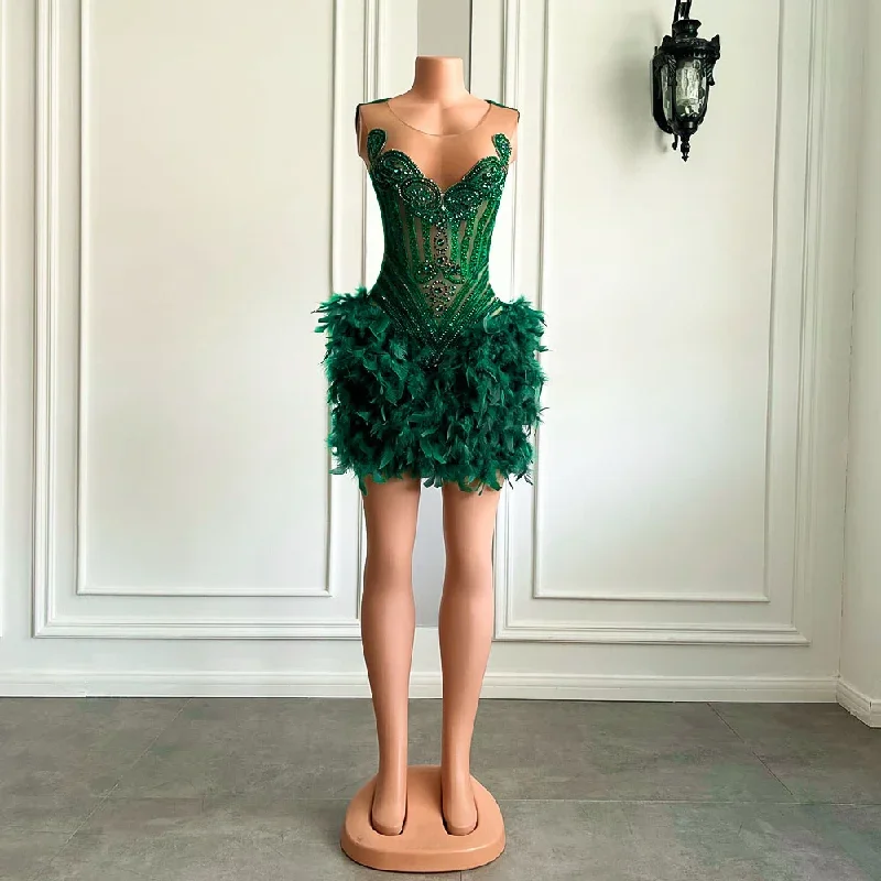 Real Luxury Black Girls Formal Occasion Birthday Party Dresses Emerald Green Feather Women Short Prom Dress 2024