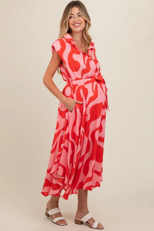 red-abstract-print-collared-belted-maternity-dress