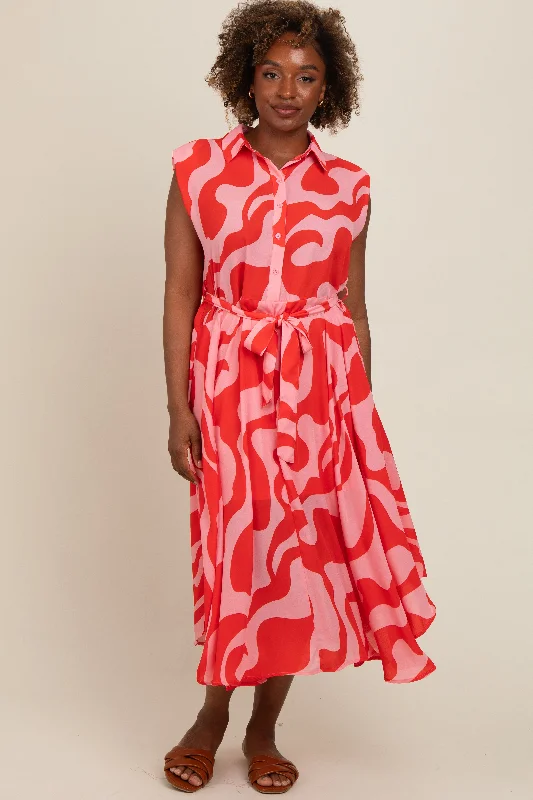 red-abstract-print-collared-belted-maternity-dress