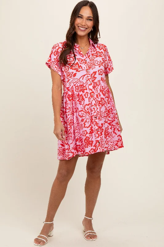 Red Floral Button Front Collared Maternity Dress