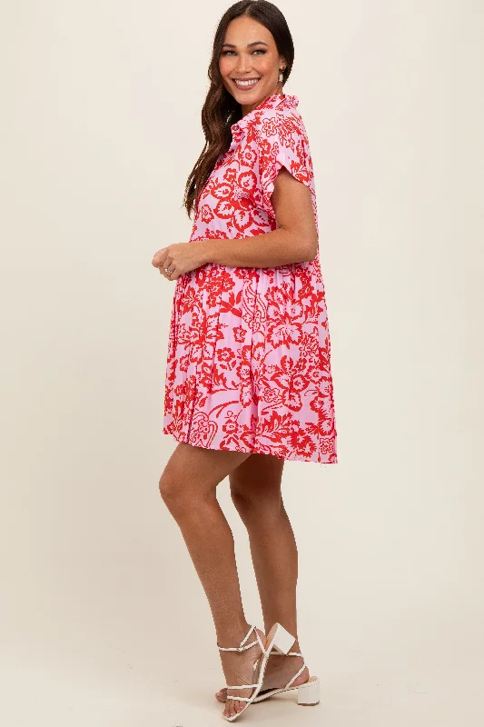 red-floral-button-front-collared-maternity-dress