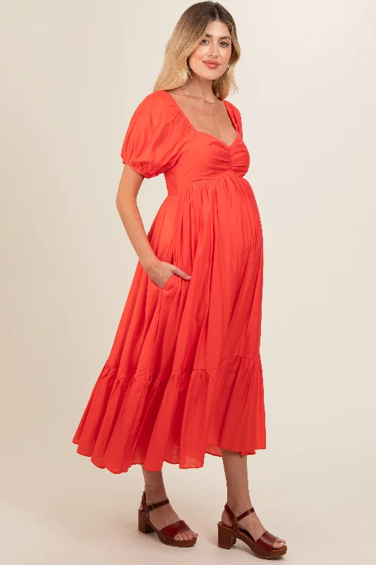 red-front-ruched-smocked-puff-sleeve-maternity-dress