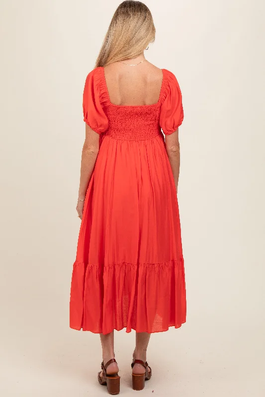 red-front-ruched-smocked-puff-sleeve-maternity-dress