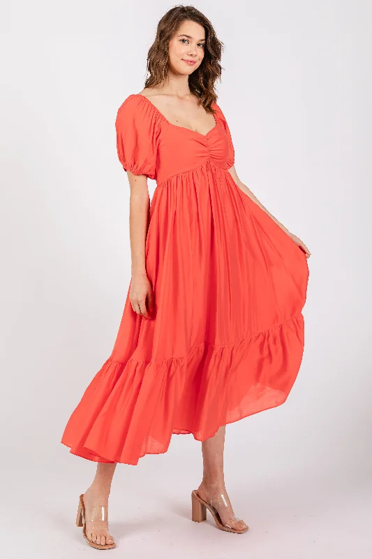 red-front-ruched-smocked-puff-sleeve-maternity-dress