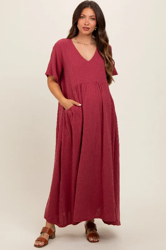 red-gauze-short-sleeve-maternity-midi-dress